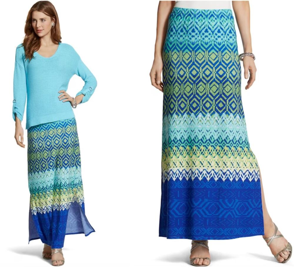 Chico's Pull On Elastic Waist Stretchy Maxi Skirt M 8 Blue Green Diamond Print